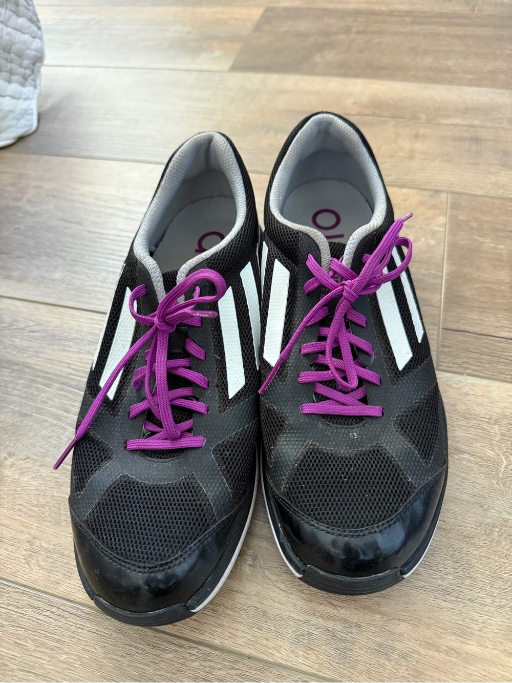 adidas Black Athletic Sneakers with Purple Laces and White Stripes